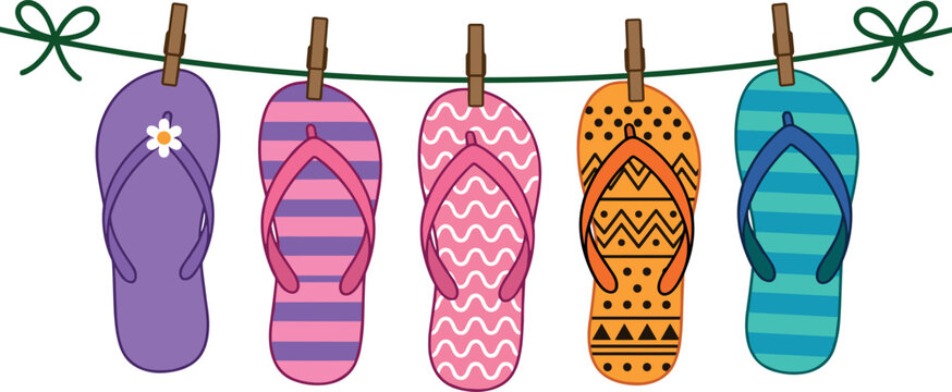 Colorful flip flop collection hanging on rope with playful summer patterns and tropical beach vacation illustration
