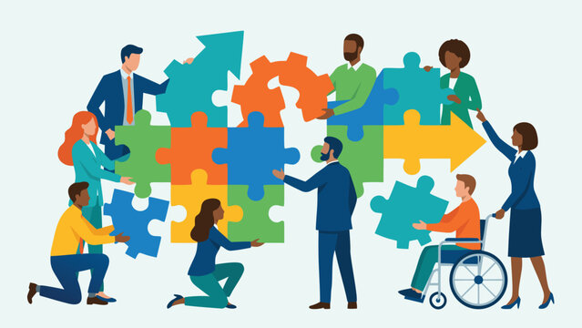 Diverse Business Team Collaborating to Assemble a Giant Jigsaw Puzzle with Gear and Arrow Shapes, Symbolizing Teamwork, Inclusion, Strategic Problem Solving, and Corporate Synergy for Success.