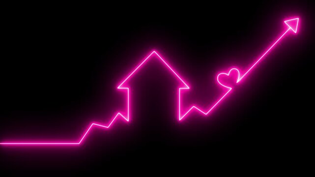 Home icon house sign neon lights animation with up arrow valentines loves heart icon. Neon House, home building animation. Neon home business graph icon animation. 4k video