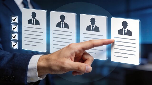 HR manager selecting employee profiles on digital interface representing recruitment process and human resource management in corporate environment.