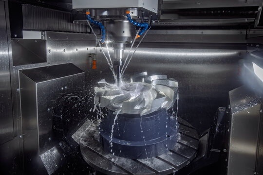 CNC milling machine machining metal turbine part with coolant spray.