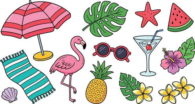 Cute tropical summer sticker collection with flamingo, beach accessories, fruits, flowers, and colorful vacation elements