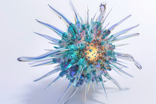 Abstract virus entity with crystalline structure and translucent needles showcases glowing core in minimalist 3D design