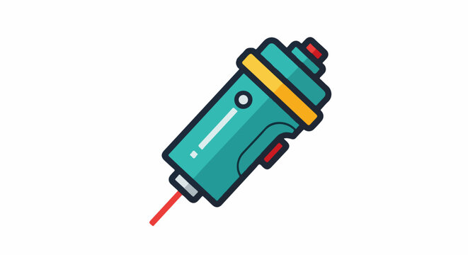 Teal and yellow device with red laser beam, simple flat design