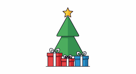 Naklejka premium A festive green Christmas tree adorned with a golden star and gifts below
