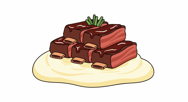 A pile of glossy, rich brown short ribs glazed with sauce on creamy mashed potatoes