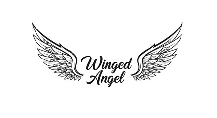Fototapeta premium Black and white graphic featuring the words Winged Angel in elegant cursive script framed by a pair of detailed feathered wings.