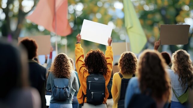Students with backpacks holding blank signs during outdoor protest rally