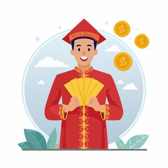 Fototapeta premium Man in Traditional Red Clothing Holding Golden Envelopes and Coins
