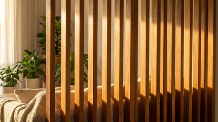 Obraz premium Modern wooden slat room divider with indoor plants and warm sunlight for cozy interior aesthetics.