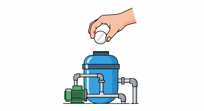 Hand adds chemical tablet to blue water filter tank with pump