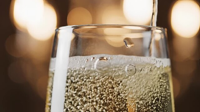 Champagne Pouring into Glass with Bubbles and Bokeh Lights.