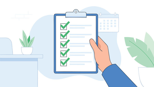 Hand holding a clipboard with a completed checklist and green checkmarks, symbolizing task management, productivity, planning, and successful project completion in a modern office environment.