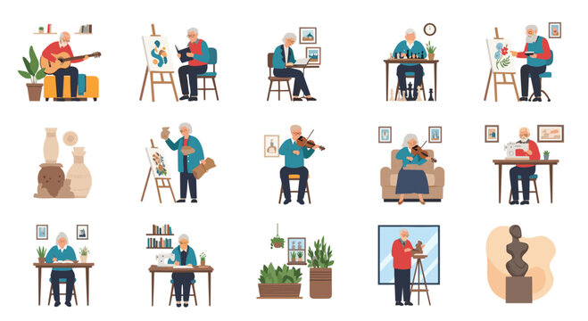Collection of active seniors engaging in diverse creative hobbies like painting, music, sewing, and gardening to stay mentally healthy.