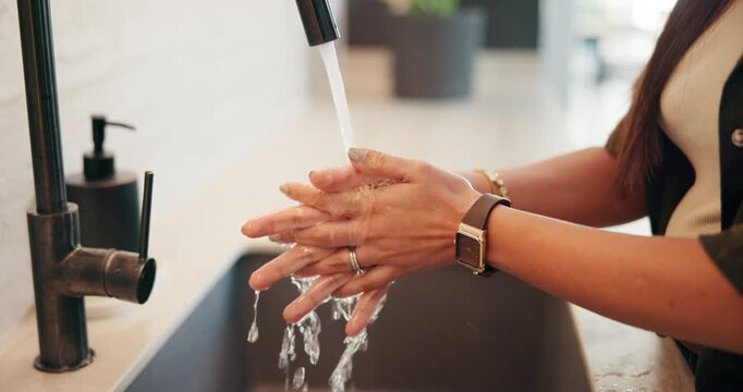 Health, hand washing and woman in home with water, bacteria prevention or sanitization in wellness habit. Clean, routine and person with faucet, germ protection or safe practice in hygiene process.