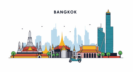 Fototapeta premium Colorful flat illustration of Bangkok skyline with temples, skyscrapers, and a tuk-tuk