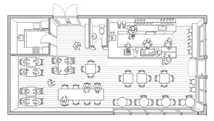 Naklejka premium Top Down View Architectural CAD Drawing of Cafe Interior Seating Layout Floor Plan with Furniture and People in Clean Minimal Line Style Isolated on White Background