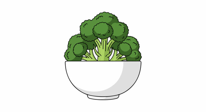 Cartoon broccoli florets with stems in a white bowl