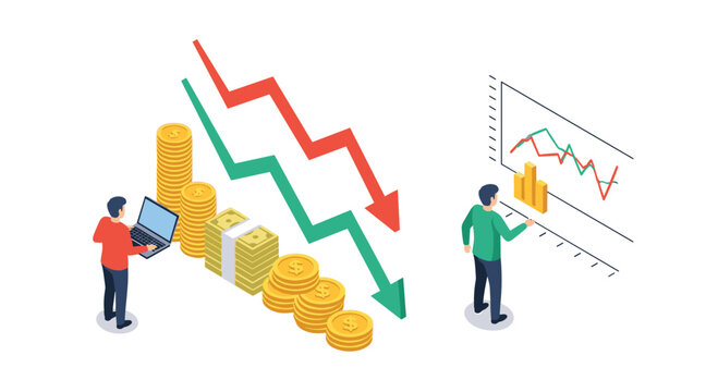 Isometric illustration showing financial crisis with downward arrows and stacks of gold coins as analysts monitor the economic recession.