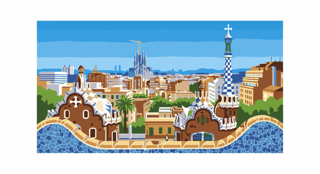 Colorful artistic cityscape with iconic buildings and blue mosaic wavy wall