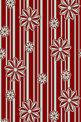 Vertical stripes seamless pattern with simple daisy flowers in red and light blue