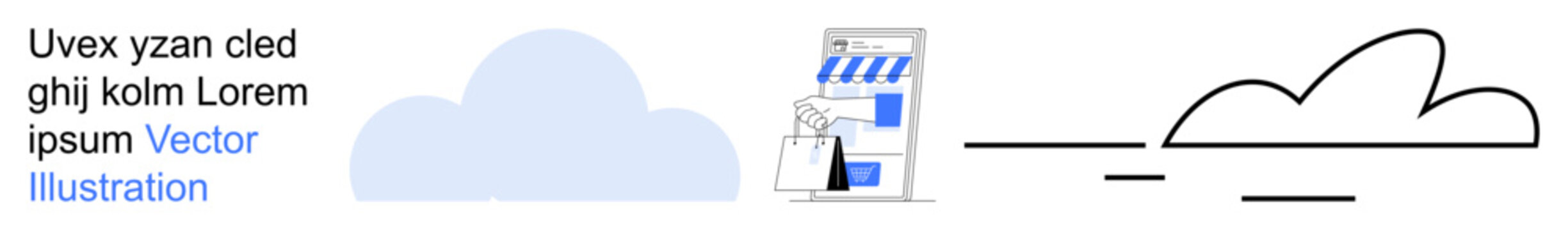 Cloud computing, online shopping, technology integration, web hosting, data storage, digital marketing. Visual with a store graphic and cloud symbol. Cloud computing and online shopping concept