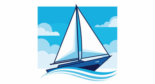 A blue sailboat glides on wavy blue water under a sky with white clouds