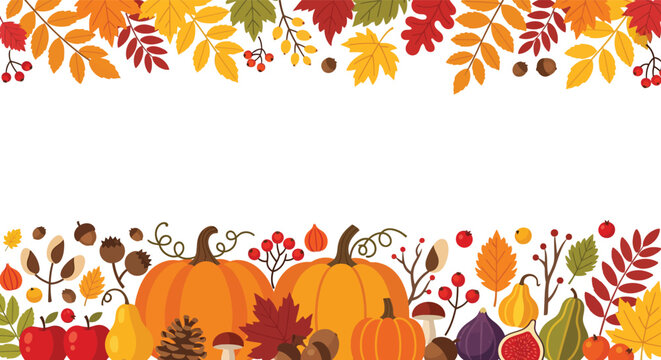 Fall season border with pumpkins and colorful leaves on white background for autumnal or thanksgiving design