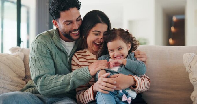 Laugh, tickle and parents with child on sofa for playful relationship, bonding and connection. Family, home and happy girl with mom, dad and games for love, trust and moment together in living room