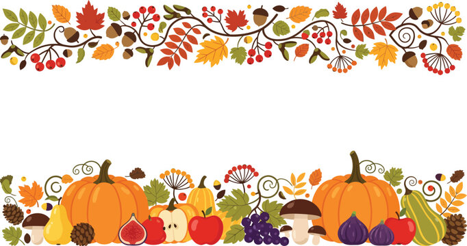 Vibrant fall border with pumpkins and leaves on white background for seasonal decorations and greeting cards