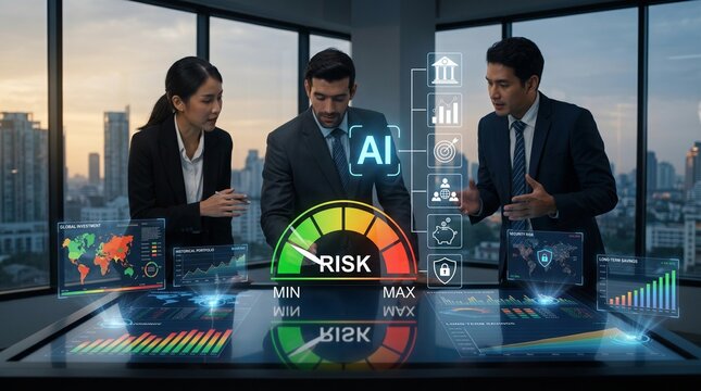 Financial analysts assessing business risk using visual AI, analyzing data for finance.