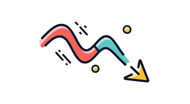 Stylized wavy arrow pointing down with vibrant colors and abstract elements for creative downward trend visualizations.