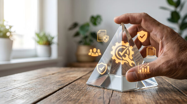 Total quality management and business optimization concept. Hand holding a glass pyramid with glowing virtual gear, wrench, and compliance icons.