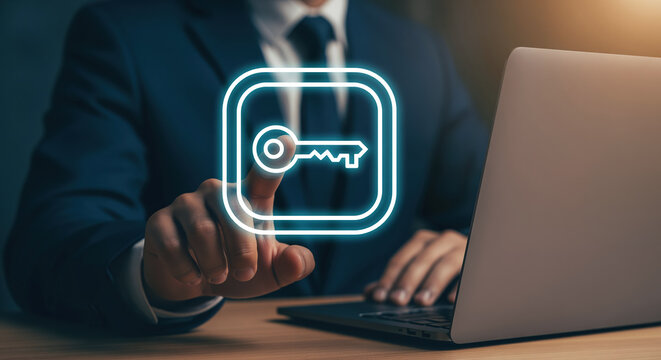 Problem solving strategy illustrated by glowing key icon above laptop as a visual for task resolution, decision making, workflow unblock and finding the right answer in office work