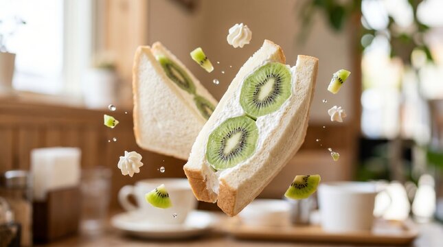 Japanese kiwi fruit sando sandwich with whipped cream floating in cozy cafe atmosphere and soft daylight