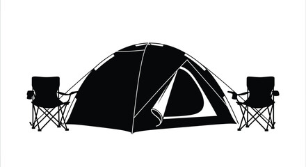 camping tent with chairs silhouette on transparent background © DS