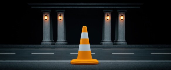 Fototapeta premium Vibrant Urban Bridge Building Area featuring sturdy Concrete Columns and bright Traffic Cones