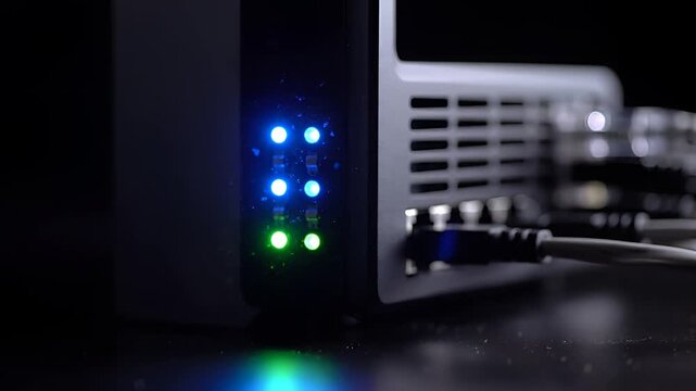 Closeup of Network Server Rack with Blinking Lights and Cables.