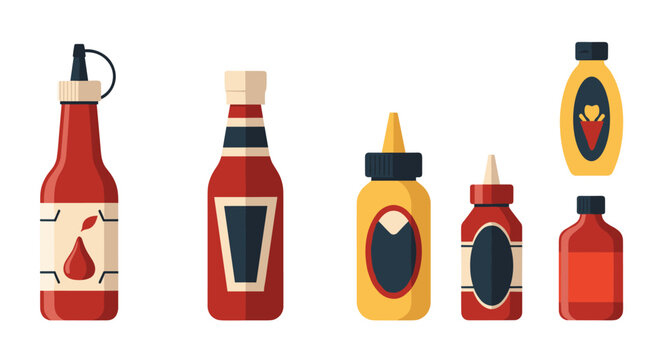 Selection of various condiment bottles including ketchup and mustard in different shapes and sizes for food service and dining themes.