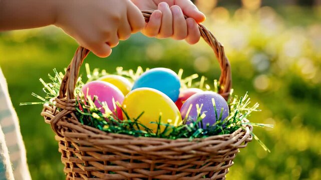 Child holds woven basket with bright Easter eggs. Outdoor setting with grass and sunlight. Concept of Easter celebration, family gatherings, spring festivals