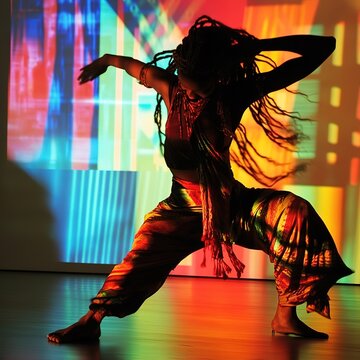 A dancing silhouette bathed in vibrant projected light