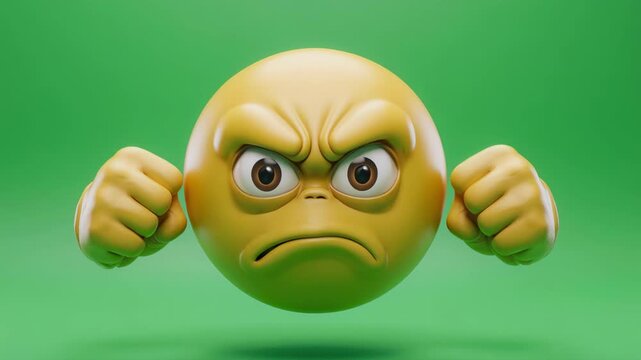 3D Angry Emoji Animation With Clenched Fists On Green Background