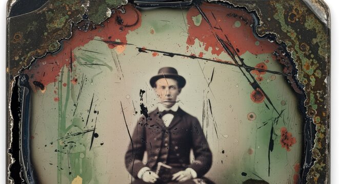 Aged metallic surface of a vintage tintype photograph showing heavy oxidation, deep scratches, chemical stains, and a weathered dark patina, grey, chemistry, old