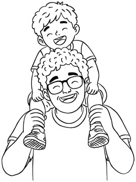 Happy Fathers Day Outline Illustration of Father Carrying Son on Shoulders