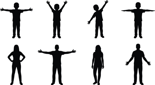 People silhouette set with standing men women and child figures in open arm poses isolated on white background