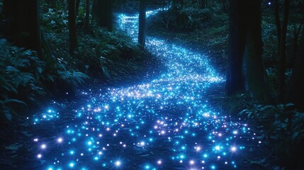Fototapeta premium Enchanting glowing river winding through mysterious dark forest with magical fantasy atmosphere