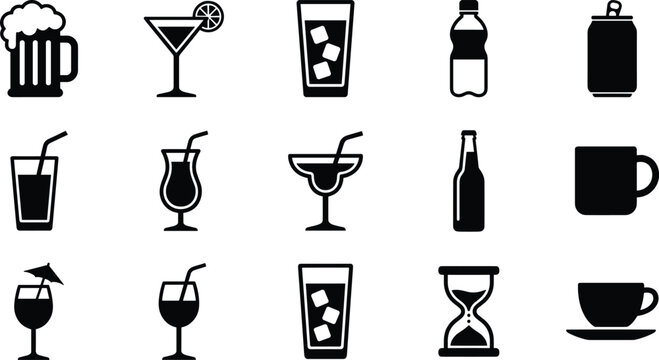 Set of beverage icons including beer cocktail soda coffee and wine in simple outline and silhouette style
