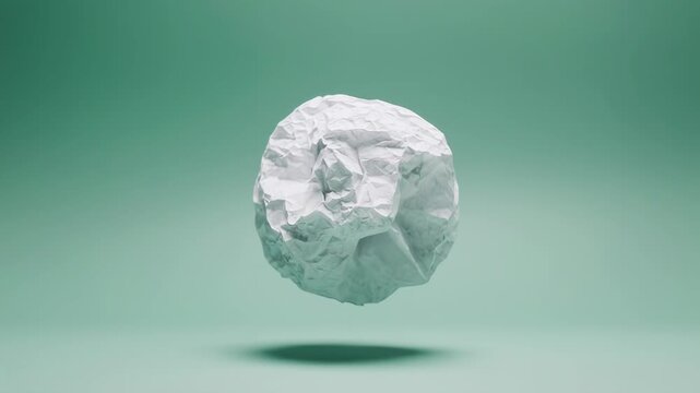 A levitating crumpled paper sphere floats against a green backdrop, symbolizing simplicity, surrealism, and the transformation of everyday objects into abstract art.