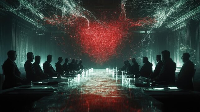 Cinematic futuristic crowd standing in dark environment illuminated by dramatic red glowing light