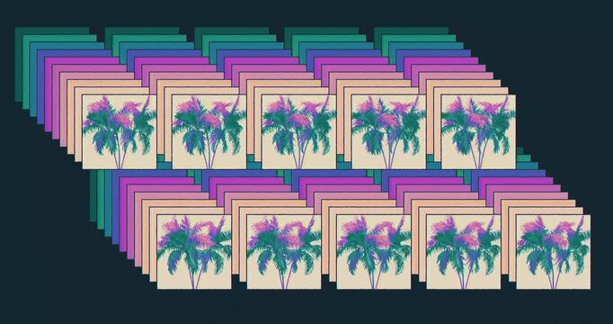 Abstract geometric 3d pattern of layered palm tree cards, colorful seamless loop of retro miami style tropical icons, synthwave and vaporwave motion graphic background